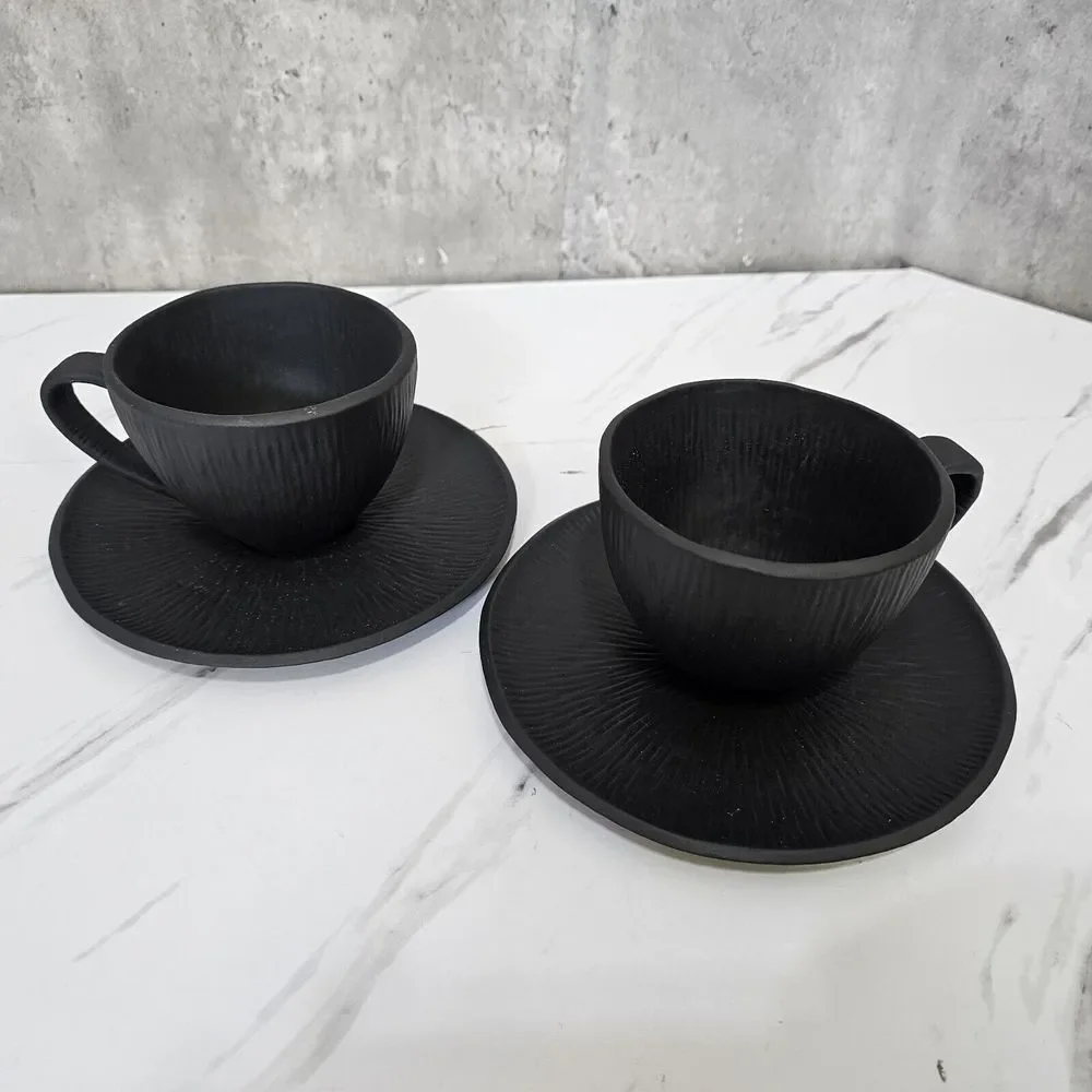 Lot of 2 Michael Aram Africana Black Matte Porcelain‎ Tea Cup & Saucer Set